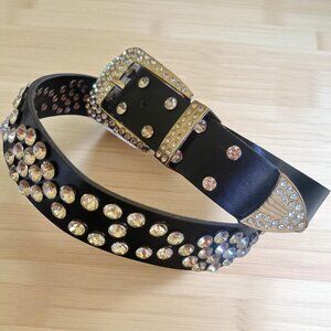 Ladies Fashion Studded Western Crystal Rhinestone Bling Cowgirl Black Belt